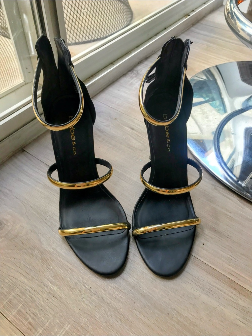 Bebe Black Strappy Heeled Sandals with Gold Accents ~ 7.5